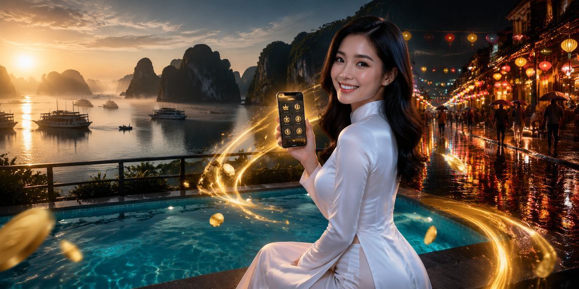 Cảnh quan vịnh Hạ Long với biểu tượng áo dài Việt Nam – nền tảng giao dịch tài chính 2075 phục vụ người dùng khắp đất nước